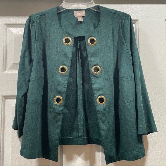 Chico’s Green Faux Suede Grommet Open Front Blazer Jacket Size 0 (Small/4) - Picture 1 of 13